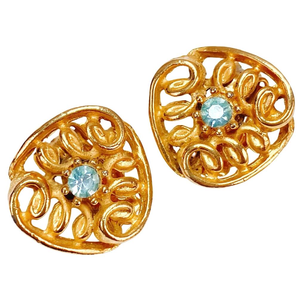 Vintage Mid Century Gold Tone Clip On Earrings Blue Rhinestone 1950s 1960s